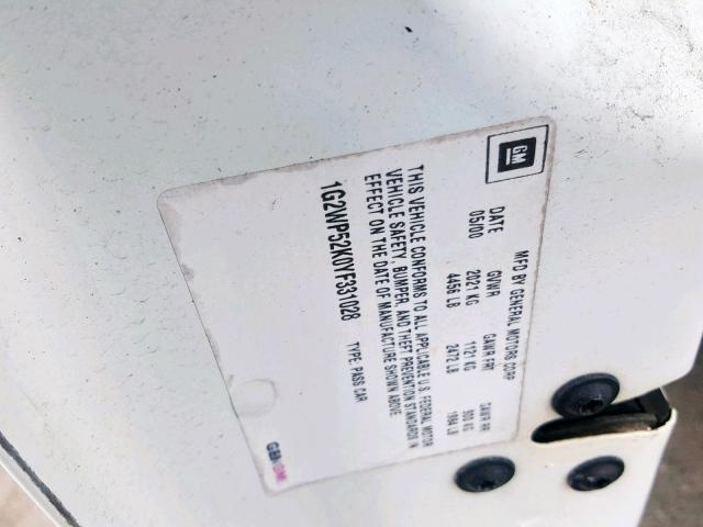 1G2WP52K0YF331028 - 2000 PONTIAC GRAND PRIX WHITE photo 10