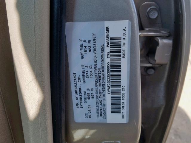 1YVGF22DX25300055 - 2002 MAZDA 626 ES SILVER photo 10