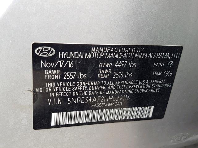 5NPE34AF2HH529116 - 2017 HYUNDAI SONATA SPO SILVER photo 10