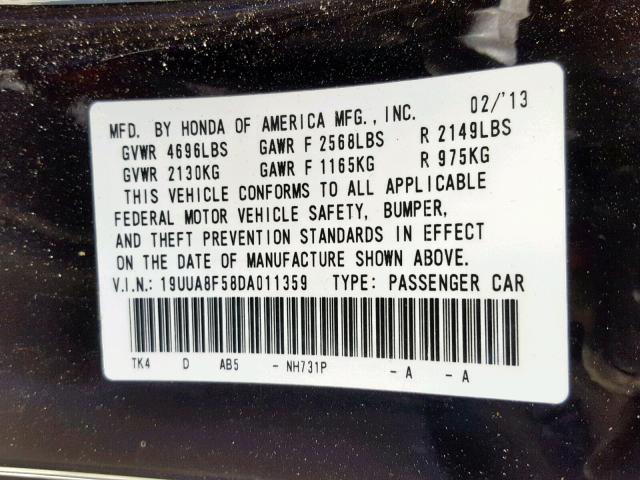 19UUA8F58DA011359 - 2013 ACURA TL TECH BLACK photo 10