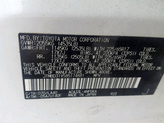 JTMBD31V585174881 - 2008 TOYOTA RAV4 LIMIT WHITE photo 10