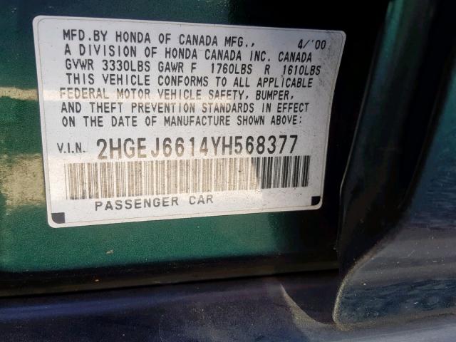 2HGEJ6614YH568377 - 2000 HONDA CIVIC BASE GREEN photo 10