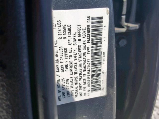 1HGCP2F84CA054287 - 2012 HONDA ACCORD EXL GRAY photo 10