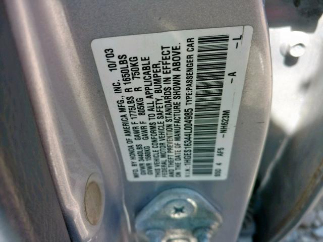 1HGES16344L004985 - 2004 HONDA CIVIC DX V GRAY photo 10