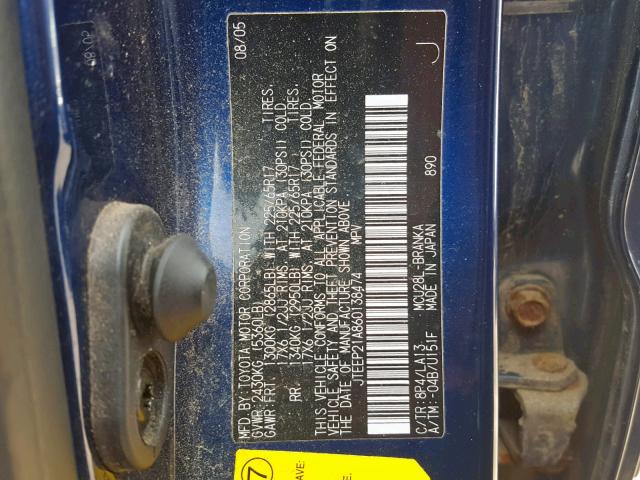 JTEEP21A860138474 - 2006 TOYOTA HIGHLANDER BLUE photo 10