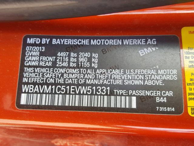 WBAVM1C51EVW51331 - 2014 BMW X1 SDRIVE2 ORANGE photo 10