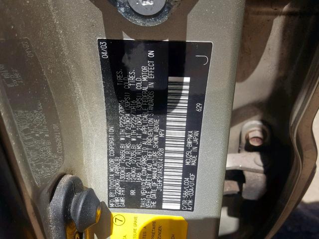 JTEHF21A930141928 - 2003 TOYOTA HIGHLANDER GOLD photo 10