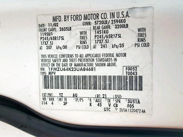 1FMZU64K23UA84681 - 2003 FORD EXPLORER E WHITE photo 10