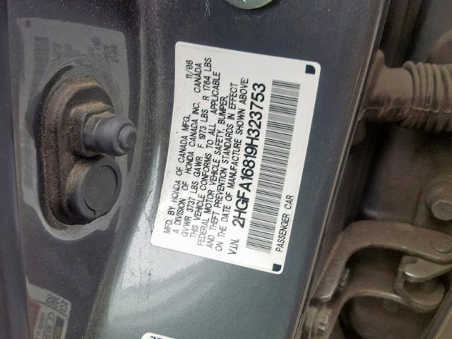 2HGFA16819H323753 - 2009 HONDA CIVIC EX GRAY photo 10