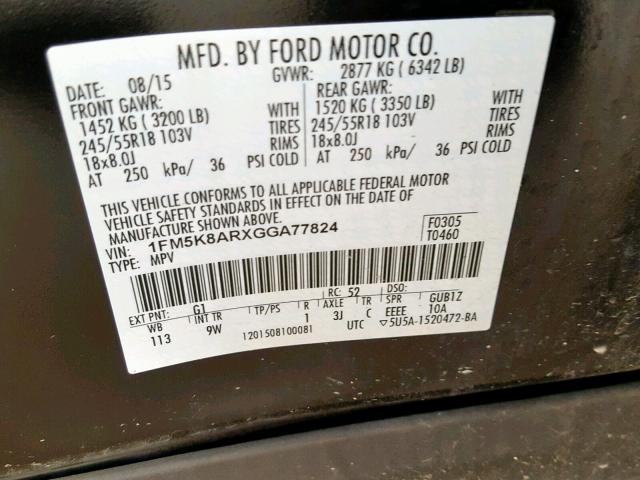 1FM5K8ARXGGA77824 - 2016 FORD EXPLORER P TWO TONE photo 10