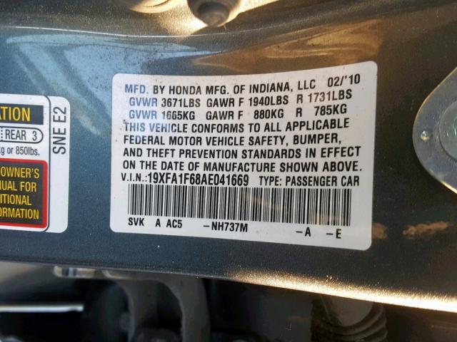 19XFA1F68AE041669 - 2010 HONDA CIVIC LX-S Boz foto 10