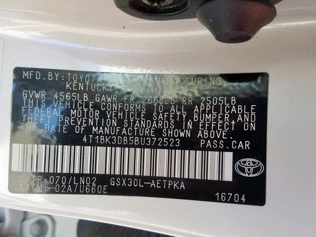 4T1BK3DB5BU372523 - 2011 TOYOTA AVALON BAS WHITE photo 10