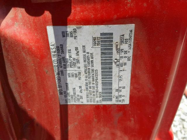 1FTYR14V02PB42525 - 2002 FORD RANGER SUP RED photo 10