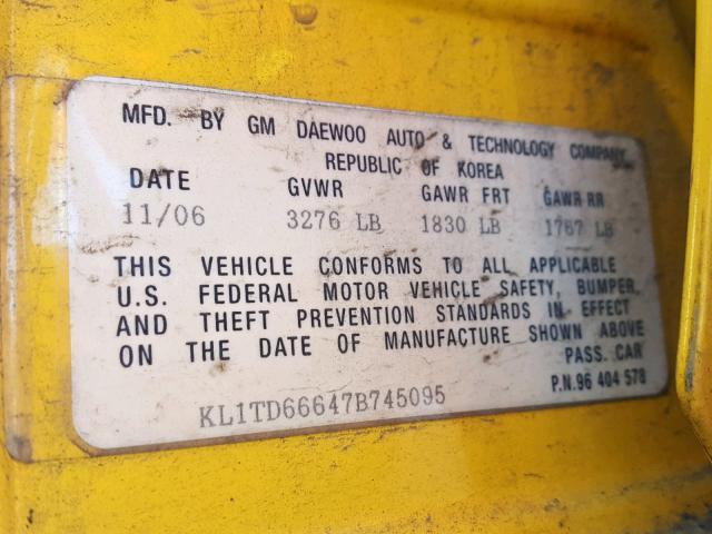 KL1TD66647B745095 - 2007 CHEVROLET AVEO BASE Sarı foto 10