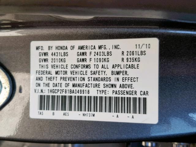 1HGCP2F81BA049918 - 2011 HONDA ACCORD EXL GRAY photo 10