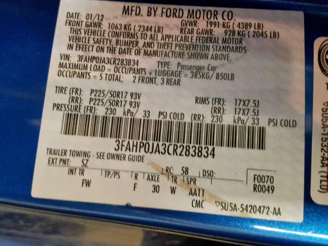 3FAHP0JA3CR283834 - 2012 FORD FUSION SEL BLUE photo 10