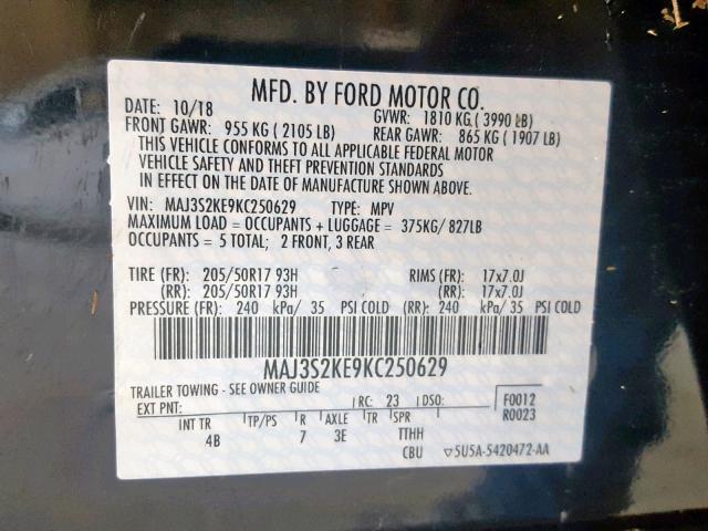 MAJ3S2KE9KC250629 - 2019 FORD ECOSPORT T BLACK photo 10