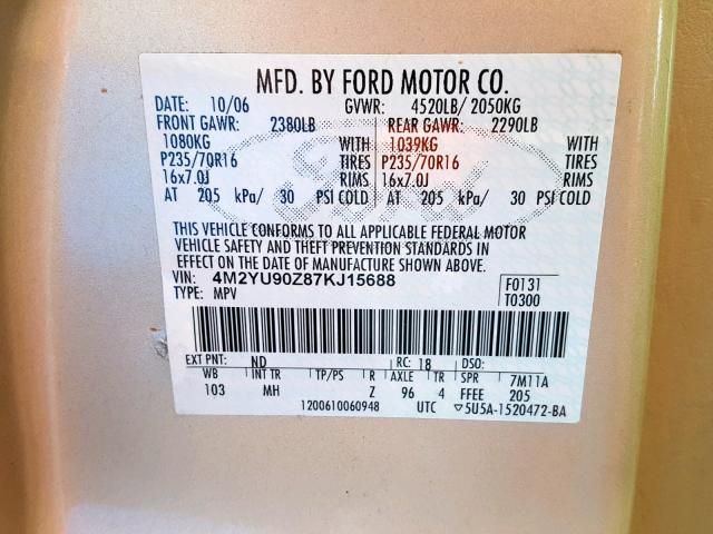 4M2YU90Z87KJ15688 - 2007 MERCURY MARINER CO GOLD photo 10