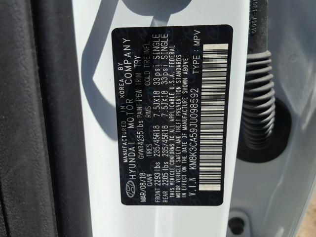 KM8K3CA59JU098592 - 2018 HYUNDAI KONA LIMIT WHITE photo 10