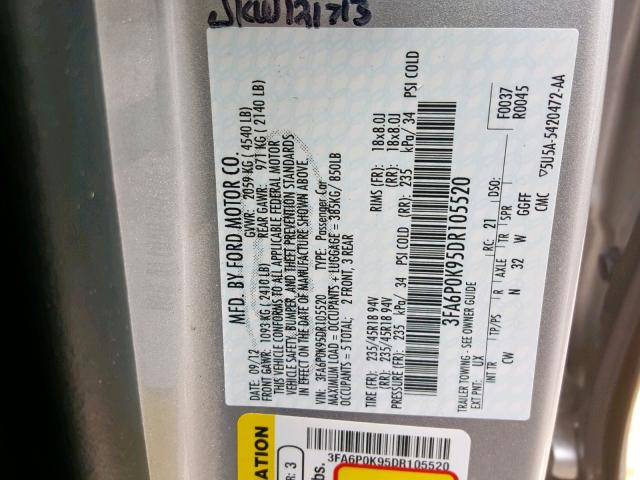 3FA6P0K95DR105520 - 2013 FORD FUSION TIT SILVER photo 10