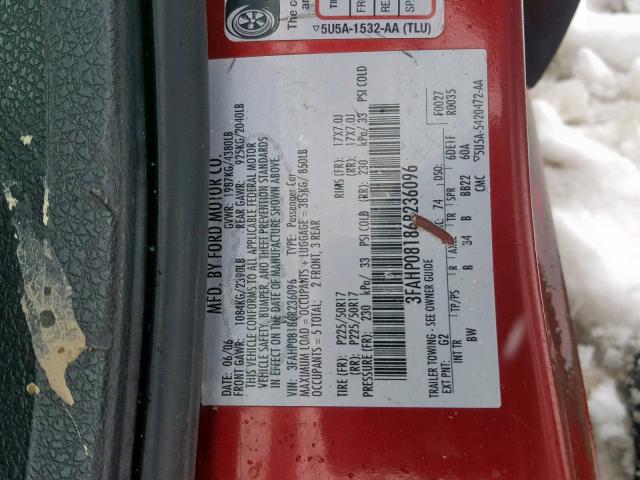 3FAHP08186R236096 - 2006 FORD FUSION SEL RED photo 10