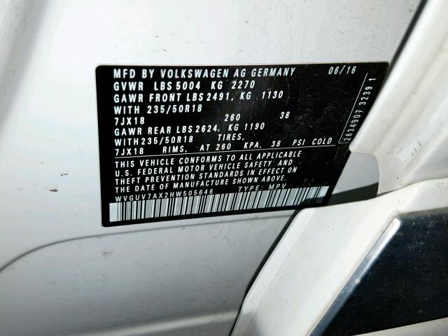 WVGUV7AX2HW505646 - 2017 VOLKSWAGEN TIGUAN SPO თეთრი ფოტო 10