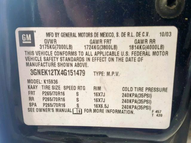 3GNEK12TX4G151479 - 2004 CHEVROLET AVALANCHE BLUE photo 10