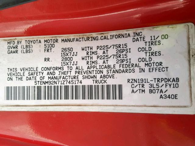 5TENM92N71Z745174 - 2001 TOYOTA TACOMA PRE RED photo 10