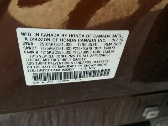 2HNYB1H4XAH500877 - 2010 ACURA ZDX TECHNO BROWN photo 10