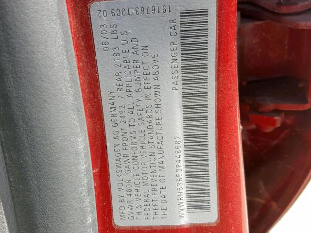 WVWRH63B53P448682 - 2003 VOLKSWAGEN PASSAT GLX 红色 照片 10