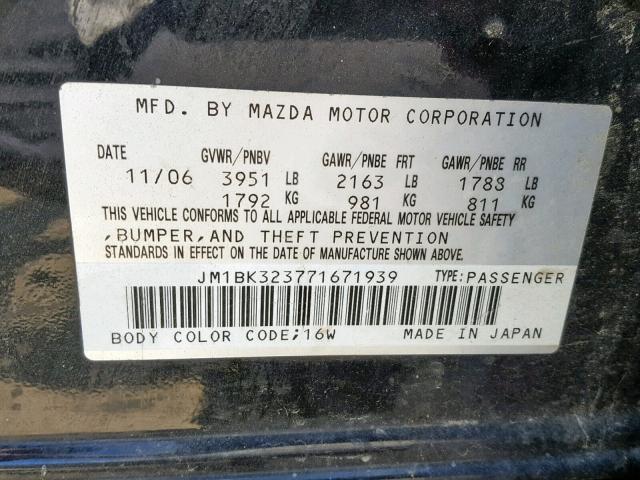 JM1BK323771671939 - 2007 MAZDA 3 S BLACK photo 10