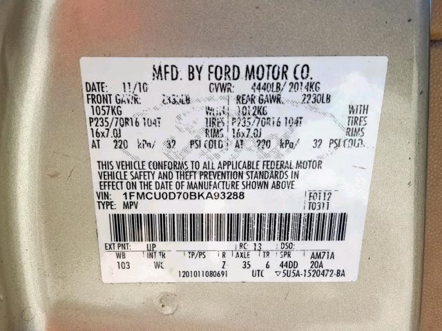 1FMCU0D70BKA93288 - 2011 FORD ESCAPE XLT GOLD photo 10