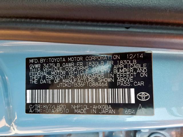 JTDKDTB36F1088464 - 2015 TOYOTA PRIUS C BLUE photo 10