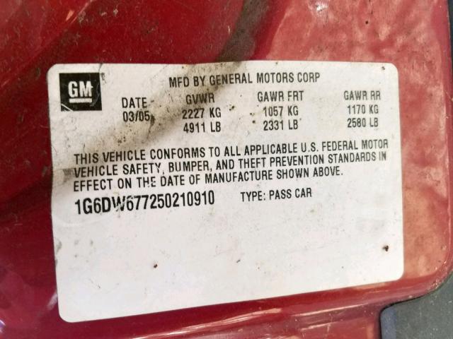 1G6DW677250210910 - 2005 CADILLAC STS RED photo 10