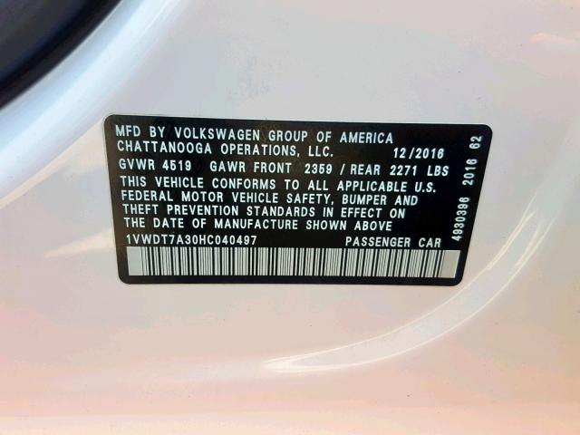 1VWDT7A30HC040497 - 2017 VOLKSWAGEN PASSAT R-L WHITE photo 10