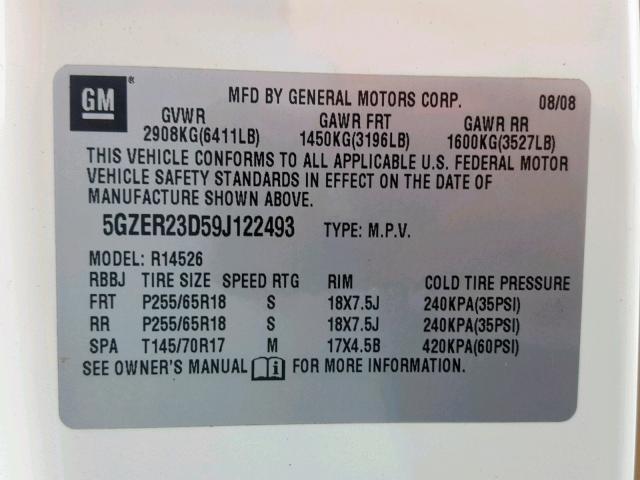 5GZER23D59J122493 - 2009 SATURN OUTLOOK XR თეთრი ფოტო 10