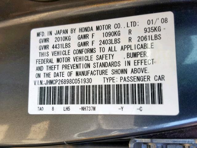 JHMCP26898C051930 - 2008 HONDA ACCORD EXL GRAY photo 10