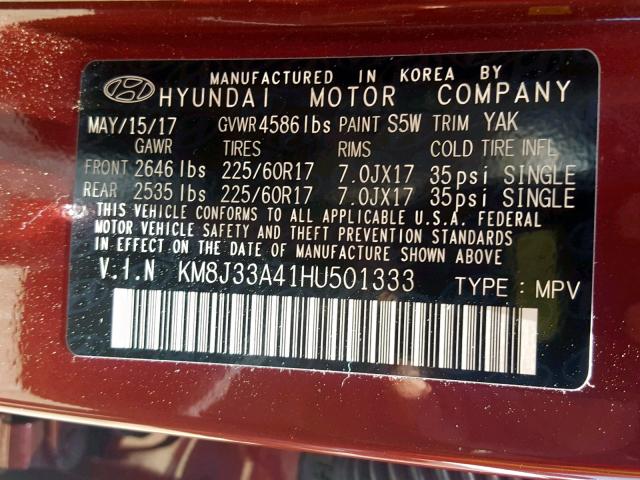 KM8J33A41HU501333 - 2017 HYUNDAI TUCSON LIM RED photo 10