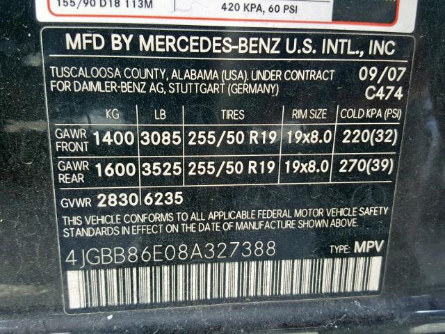 4JGBB86E08A327388 - 2008 MERCEDES-BENZ ML 350 BLACK photo 10