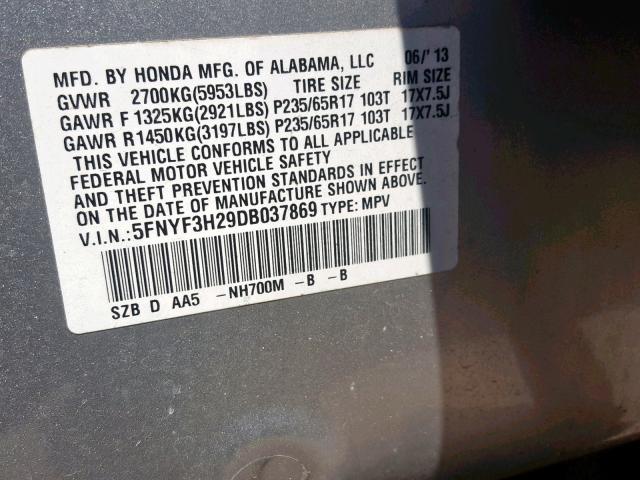 5FNYF3H29DB037869 - 2013 HONDA PILOT LX SILVER photo 10