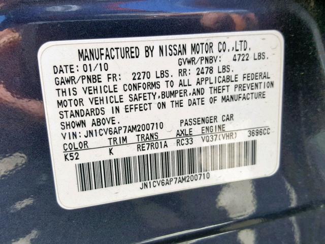 JN1CV6AP7AM200710 - 2010 INFINITI G37 BASE BLUE photo 10