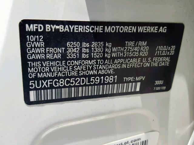 5UXFG8C52DL591981 - 2013 BMW X6 XDRIVE5 WHITE photo 10