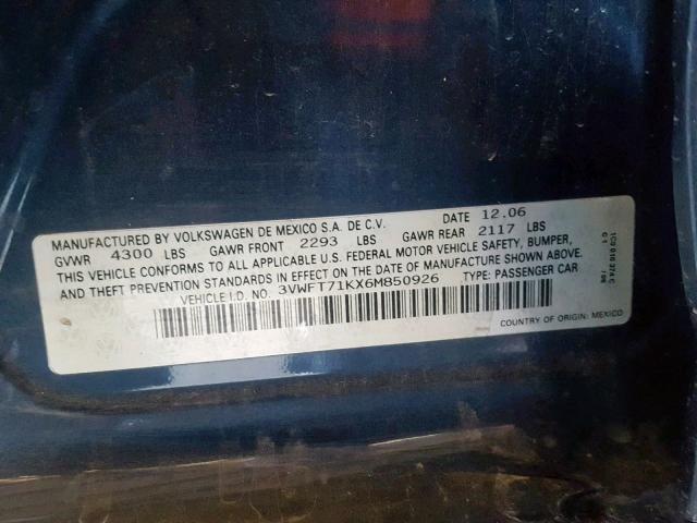 3VWFT71KX6M850926 - 2006 VOLKSWAGEN JETTA TDI BLUE photo 10