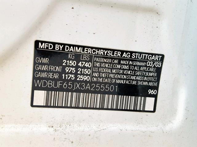 WDBUF65JX3A255501 - 2003 MERCEDES-BENZ E 320 WHITE photo 10