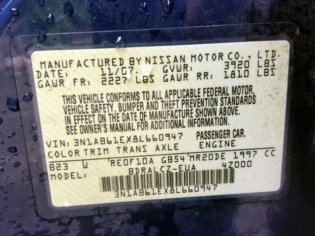 3N1AB61EX8L660947 - 2008 NISSAN SENTRA 2.0 BLUE photo 10