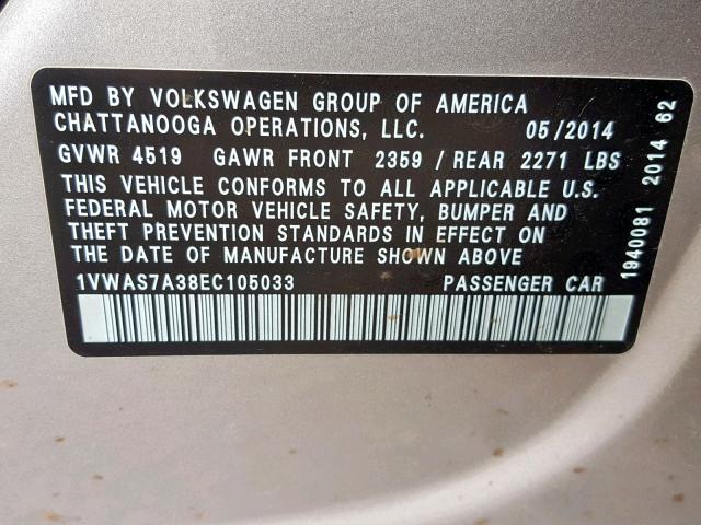 1VWAS7A38EC105033 - 2014 VOLKSWAGEN PASSAT S SILVER photo 10