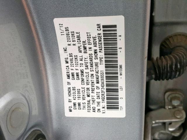 1HGCR2F34DA069551 - 2013 HONDA ACCORD LX SILVER photo 10