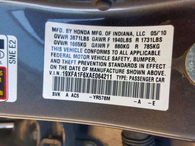 19XFA1F6XAE064211 - 2010 HONDA CIVIC LX-S 灰色 照片 10