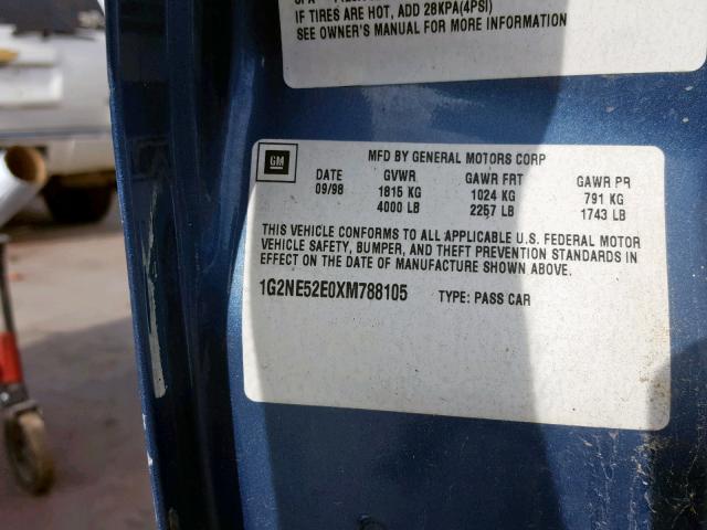 1G2NE52E0XM788105 - 1999 PONTIAC GRAND AM S BLUE photo 10