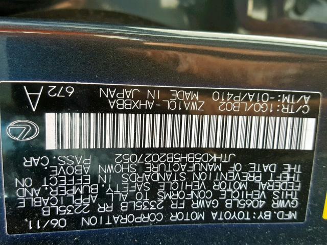 JTHKD5BH5B2027052 - 2011 LEXUS CT 200 BLACK photo 10